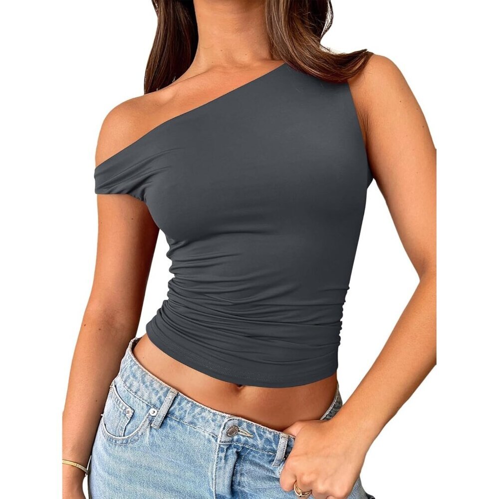 Women's Crop Top Gray Off The Shoulder Sleeveless Y2K Stretchy Summer Comfort